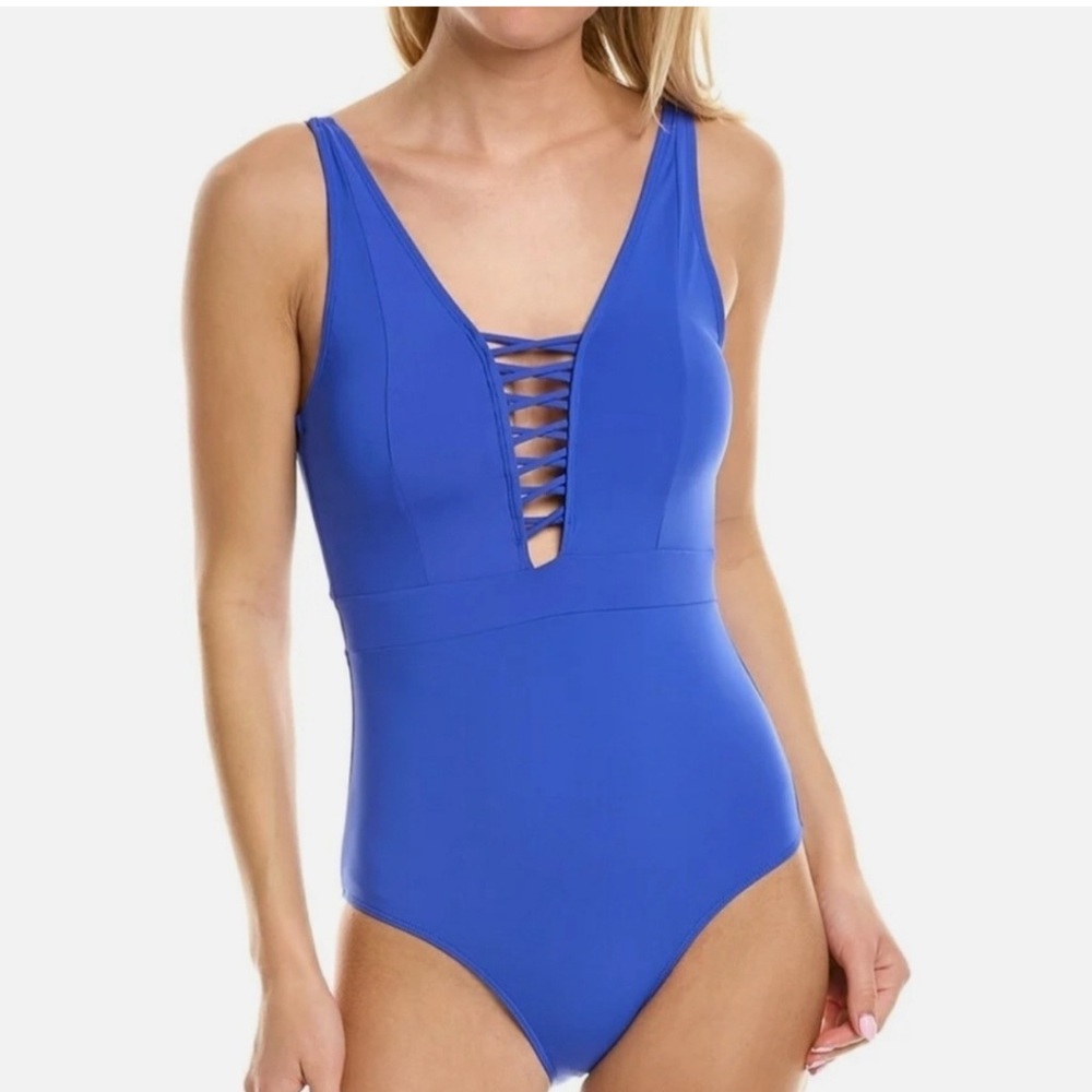 CATHERINE MALANDRINO BLUE
DEEP FRONT WITH LACE UP ONE PIECE
LARGE